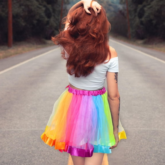 WHAMVOX Rainbow Tulle Skirt Tutu Skirt Performence Skirt Dress Color Gradien Dress for Woman Girls (Size XL)