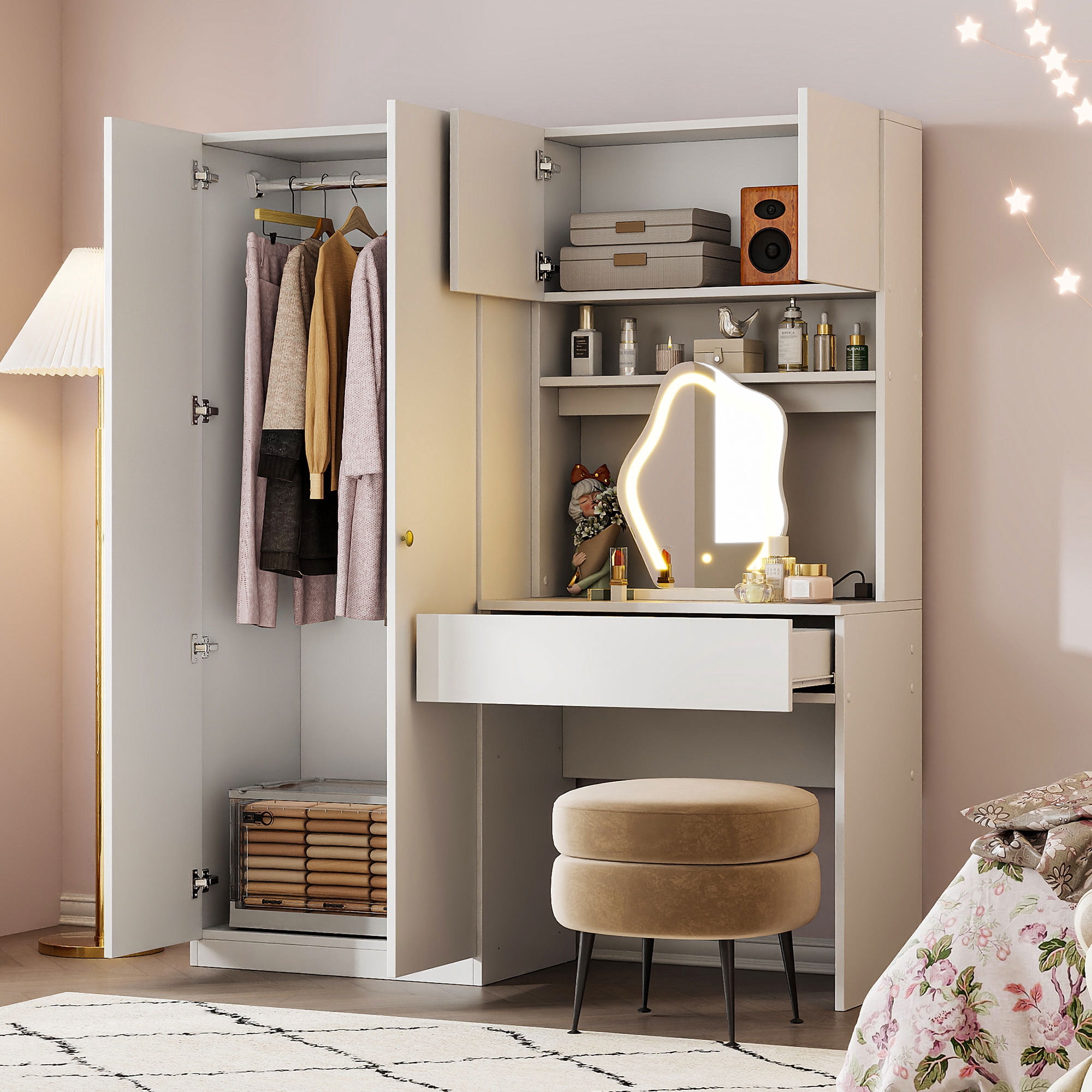 2-Door Wooden Storage Vanity Wardrobe for Bedroom with Makeup Mirror and Drawers
