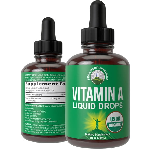 Peak Performance Vitamin A Liquid Drops Supplement USDA Organic Vegan Gluten-Free Retinyl Palmitate for Eye, Skin, and Bone Health 1 Count