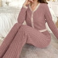 thumbnail image 5 of VISALY Two Piece Pajama Set Button Down Pajamas Ribbed Pajama Sets V Neck Long Sleeve Sleepwear Wide Leg Pants Soft Loungewear Matching Set Comfy Outfits Pink S, 5 of 7