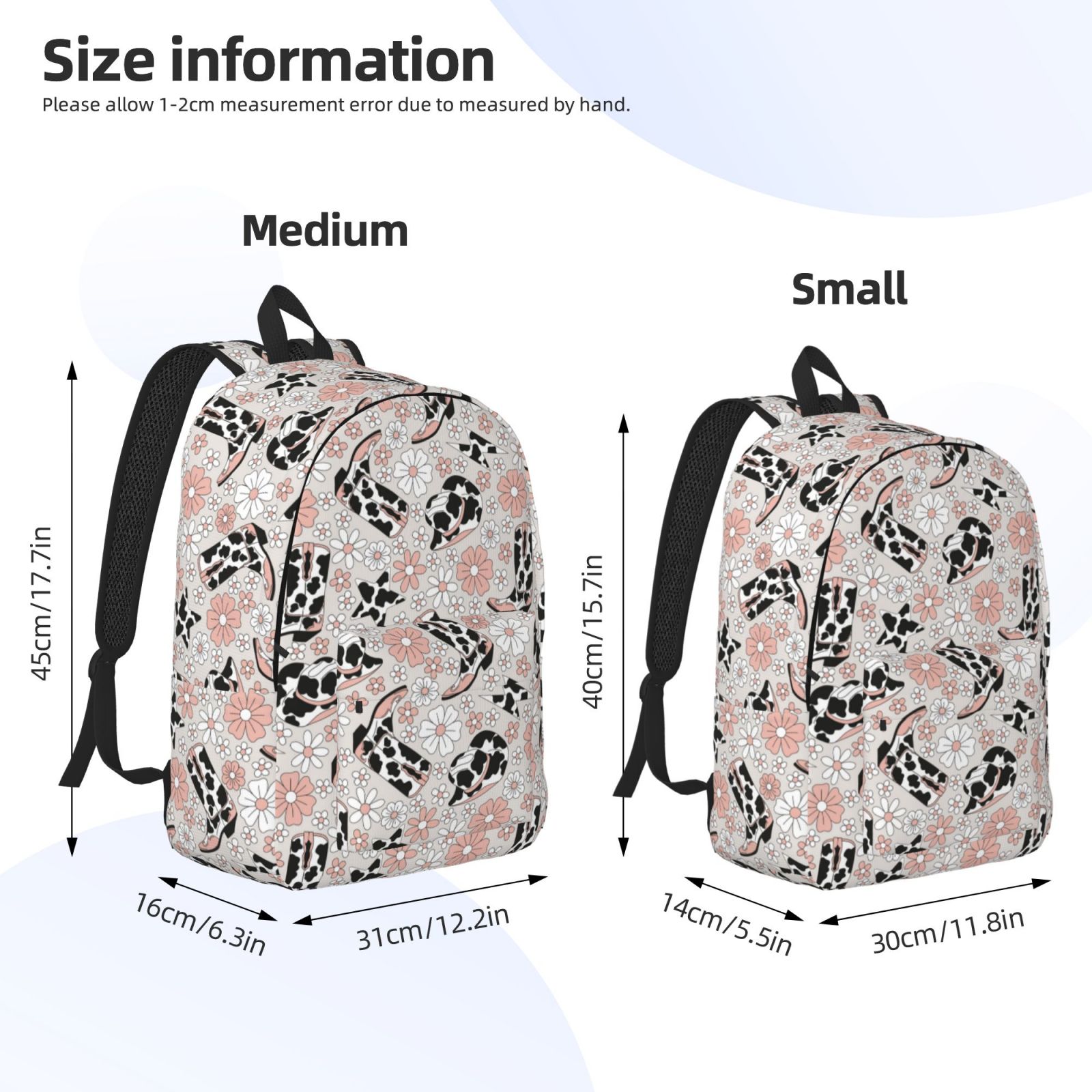 Travel Laptop Backpack - Cow Print Cowboy Hat Boots Flower Lightweight Canvas Backpack, Wear Resistant Computer Backpack Bag Fit {sizeName} Laptop for Men Women with Adjustable Padded Shoulder Straps