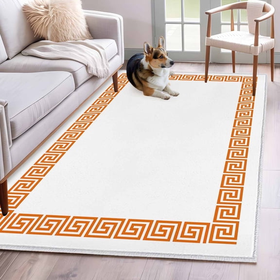 Area Rug 3'x5', Orange Geometric Non-slip Runner Rug Carpet for Bedside, Modern Key Greek Design Abstract Art Washable Outdoor Indoor Area Rugs Mat for Entryway/Living Room/Bedroom/Kitchen/Office