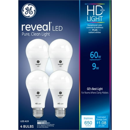 GE Reveal HD LED Light Bulbs, 60 Watt Eqv, A19 General Purpose Bulbs, 4pk