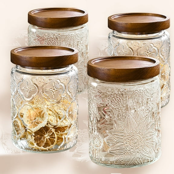 FORHVIPS 24 oz/4 Pcs Clear Glass Spice Jars with Bamboo Lids,Vintage Wide Mouth Canning Jars Sets for Kitchen Canisters, Sugar, Flour, Candy, Tea, Coffee Beans, Oats, Grain Bin