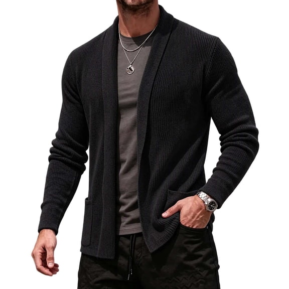 Rrxhxhs Mens Cardigan Solid Color Open Front Long Sleeve Warm Casual Knitted Sweater Cover Up with Pockets