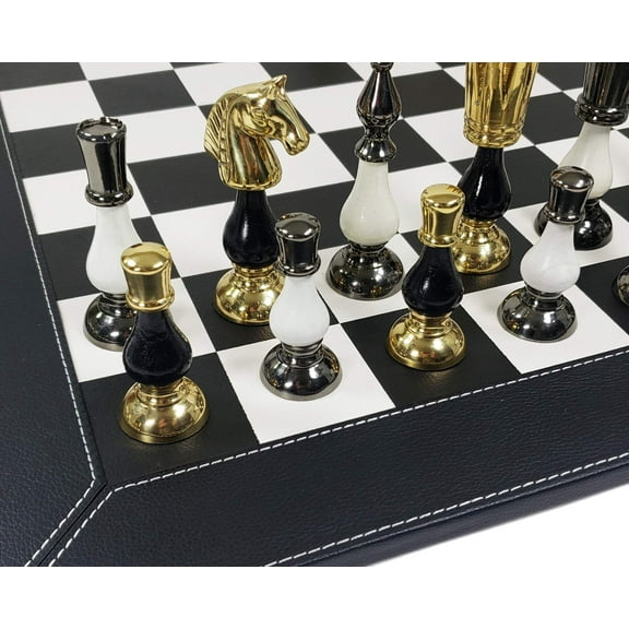 LARGE Brass Metal Gold Black Spike Staunton Chess Set 21" BK Faux Leather Board