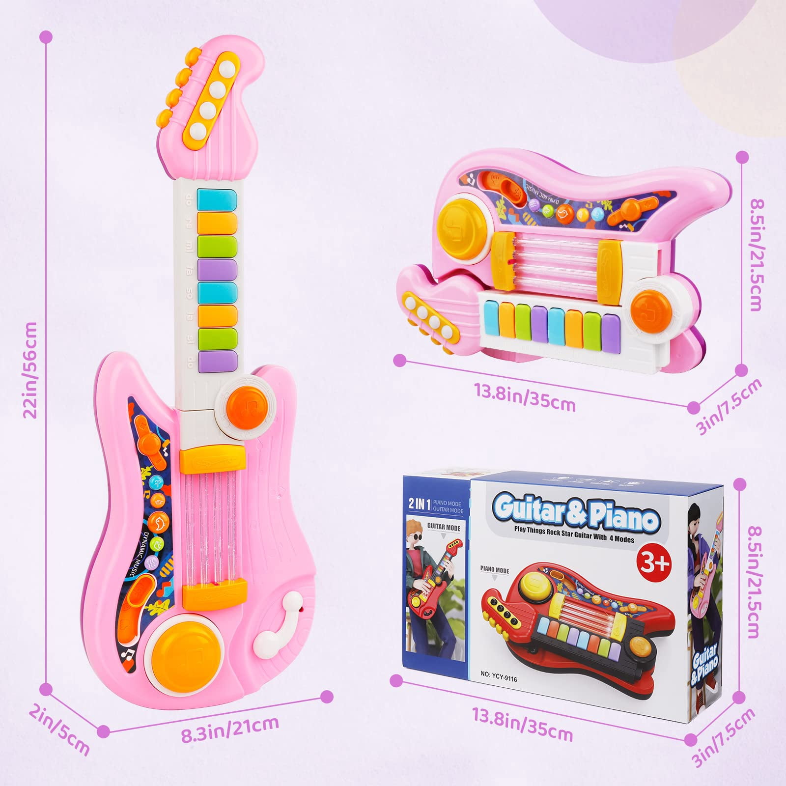 Unbranded 2-in-1 Kids Toy Guitar and Piano Keyboard, Foldable Musical Instrument for Toddlers 3-5, Light Up Learning Toy with Infrared Sensors