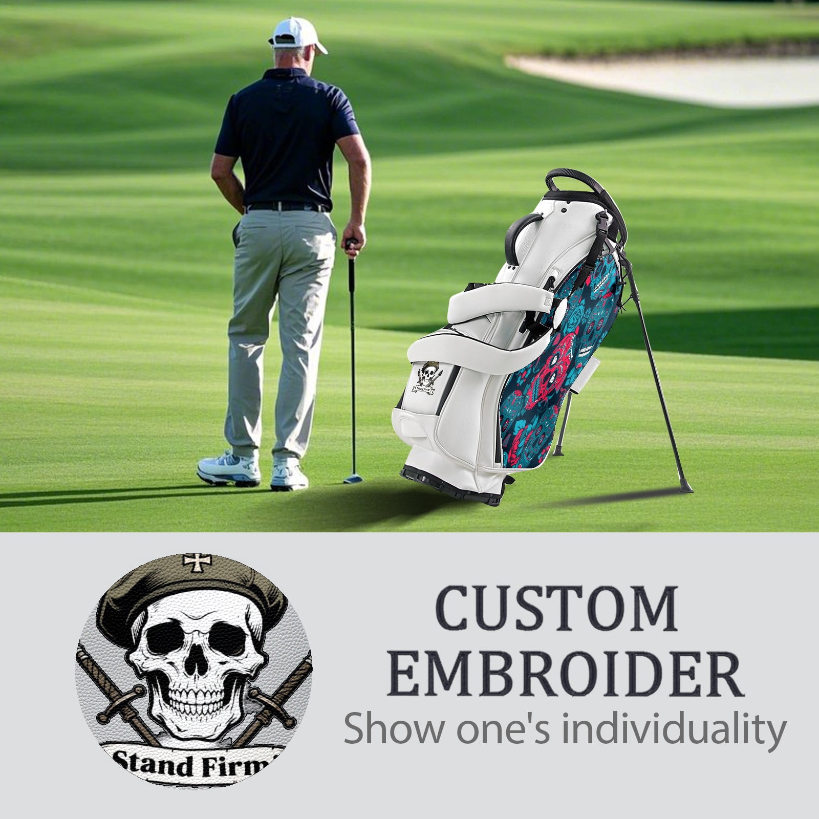 Black White Waterproof Durable Leather Golf Stand Bag 14 Ways Divider Large Capacity & Adjustable Shoulder Straps Golf Club Bag for Men and Women Blue And Red Skull