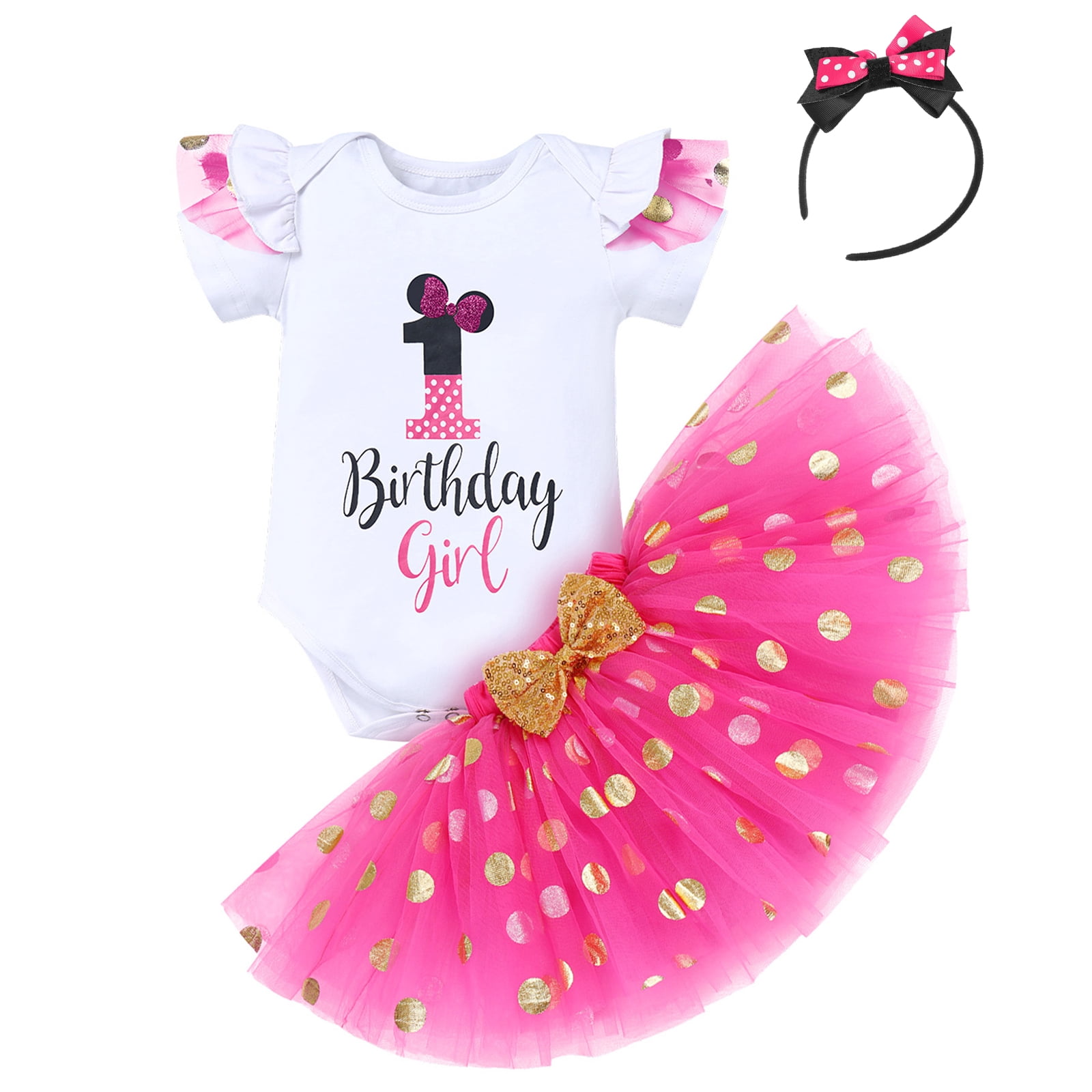IBTOM CASTLE Toddler Girls 1st 2nd 3rd Birthday Outfit Princess Polka Dots Ruffle Tutu Skirt Mouse Headband Cake Smash Party Clothes Set 1 Year Hot Pink