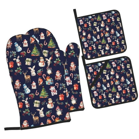 

Haiem Christmas Critters Delight Print Extra Long Oven Mitts and Pot Holders 4pc Sets: Heat Resistant Silicone Oven Mittens with Mini Oven Gloves and Hot Pads Potholders