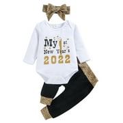 Baby Girl Outfit 2022 My First New Year's Long Sleeve Romper  Pants Headband Winter Clothes Set