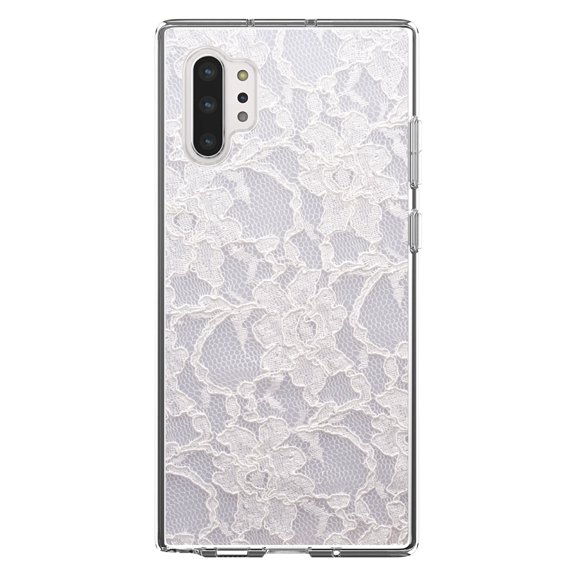 DistinctInk Clear Shockproof Hybrid Case for Galaxy Note 10 PLUS (6.8" Screen) - TPU Bumper, Acrylic Back, Tempered Glass Screen Protector - White Lace Wedding