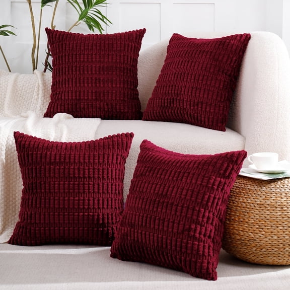 Christmas Decorative Throw Pillow Covers 18x18 Set of 4 Farmhouse Rustic Boho Home Decor Soft Plush Striped Corduroy Square Cushion Case for Living Room Couch Bed Sofa,Burgundy