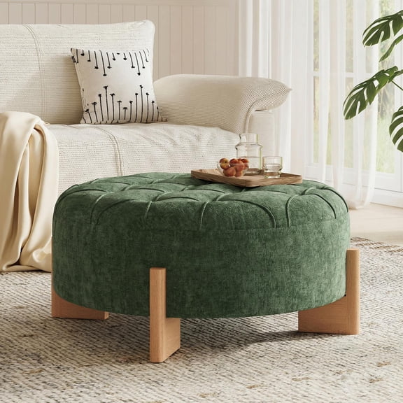 Ottoman, Footrest, Coffee Table, Round Tufted Stool with Sturdy Solid Wood L-Shaped Legs and Classic Piping Design, Chenille Fabric, for Living Room, Green