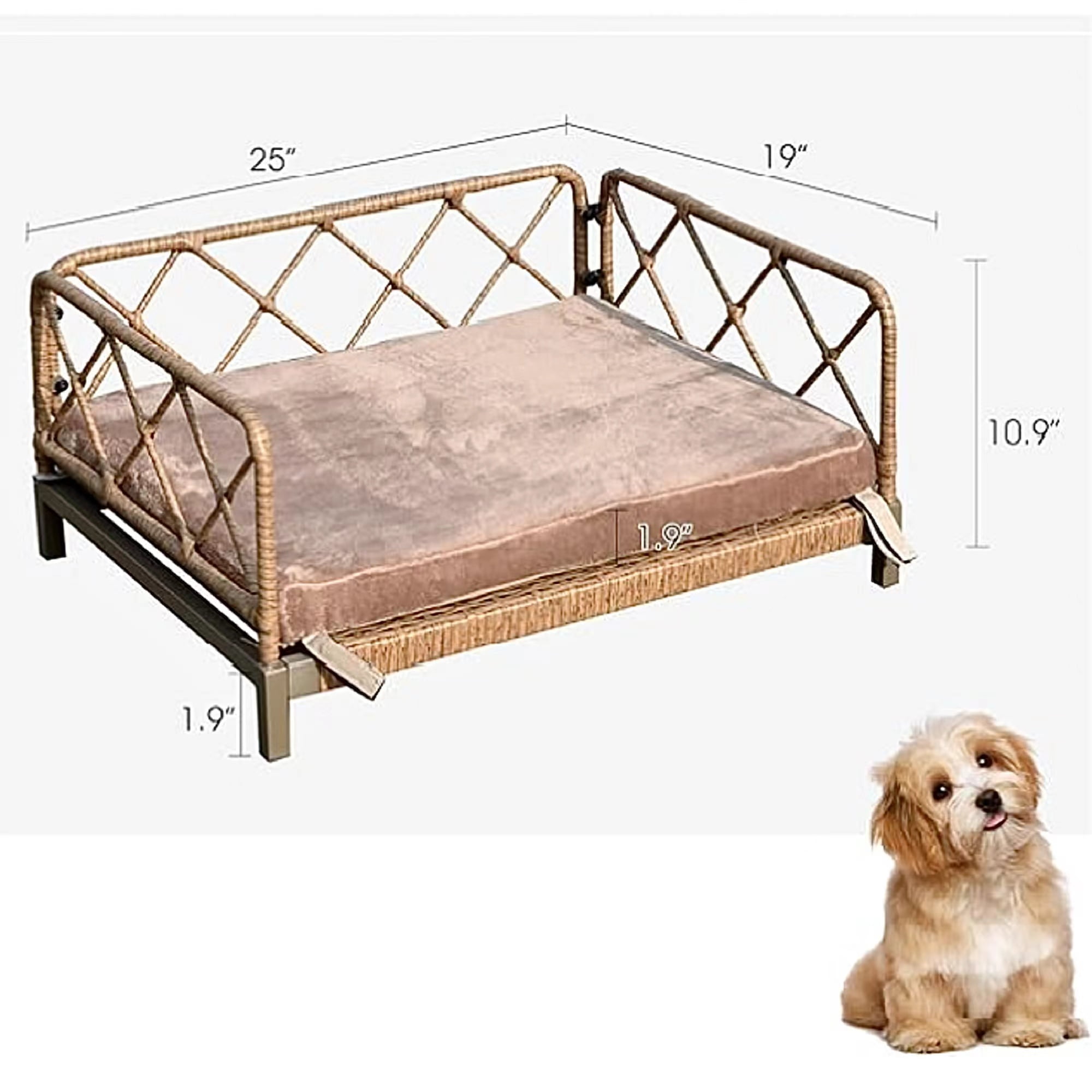 Kadyn 25" Wicker Dog Bed for Small Dogs with Removable Mattress Cover in, Dog Sofa Bed, Modern Pet Bed Furniture for Puppies and Little Breeds, Brown
