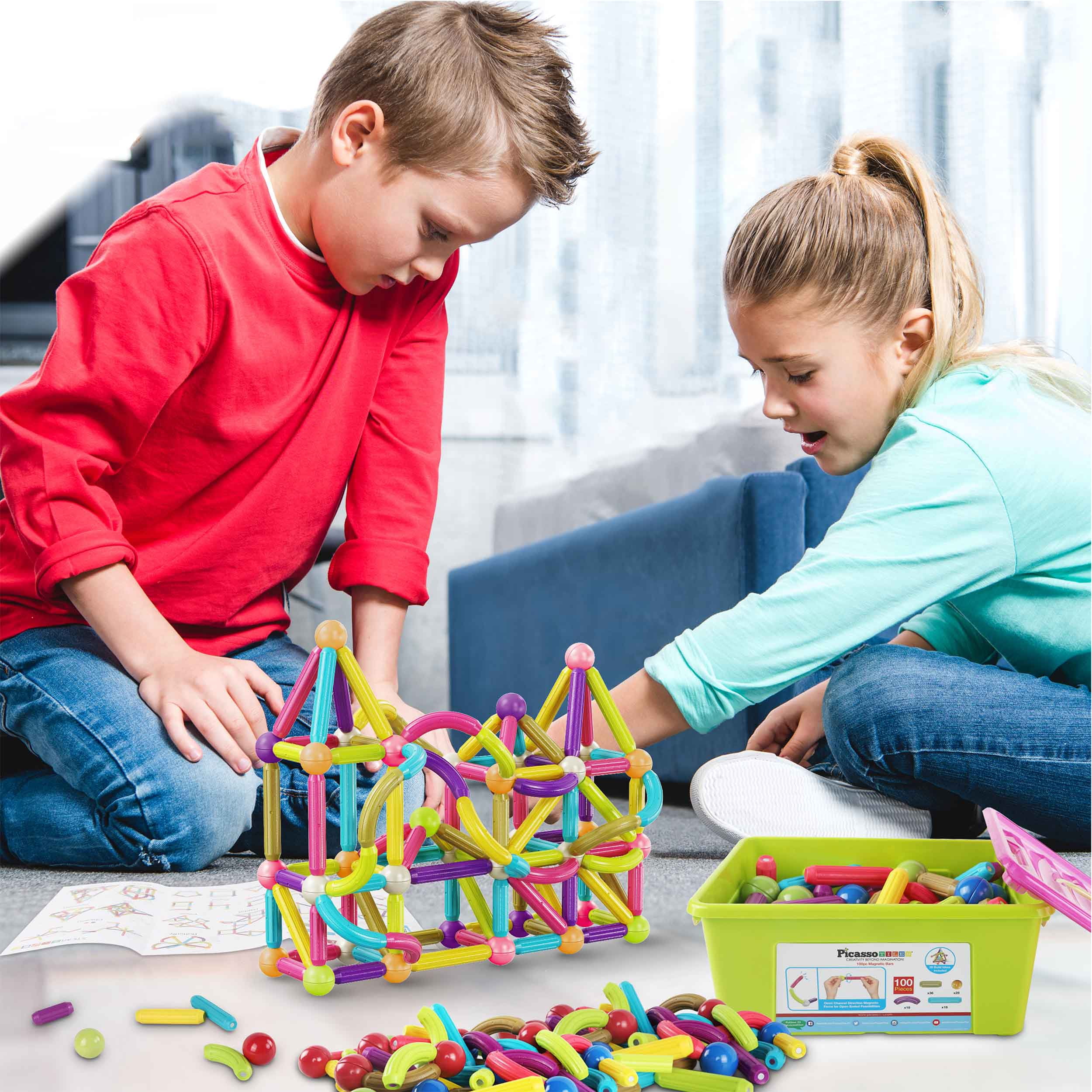 PicassoTiles Magnetic Stick for Kids, 100PCS Stacking Construction STEM Building Blocks Set, Educational Learning Toy for Creativity & Imagination
