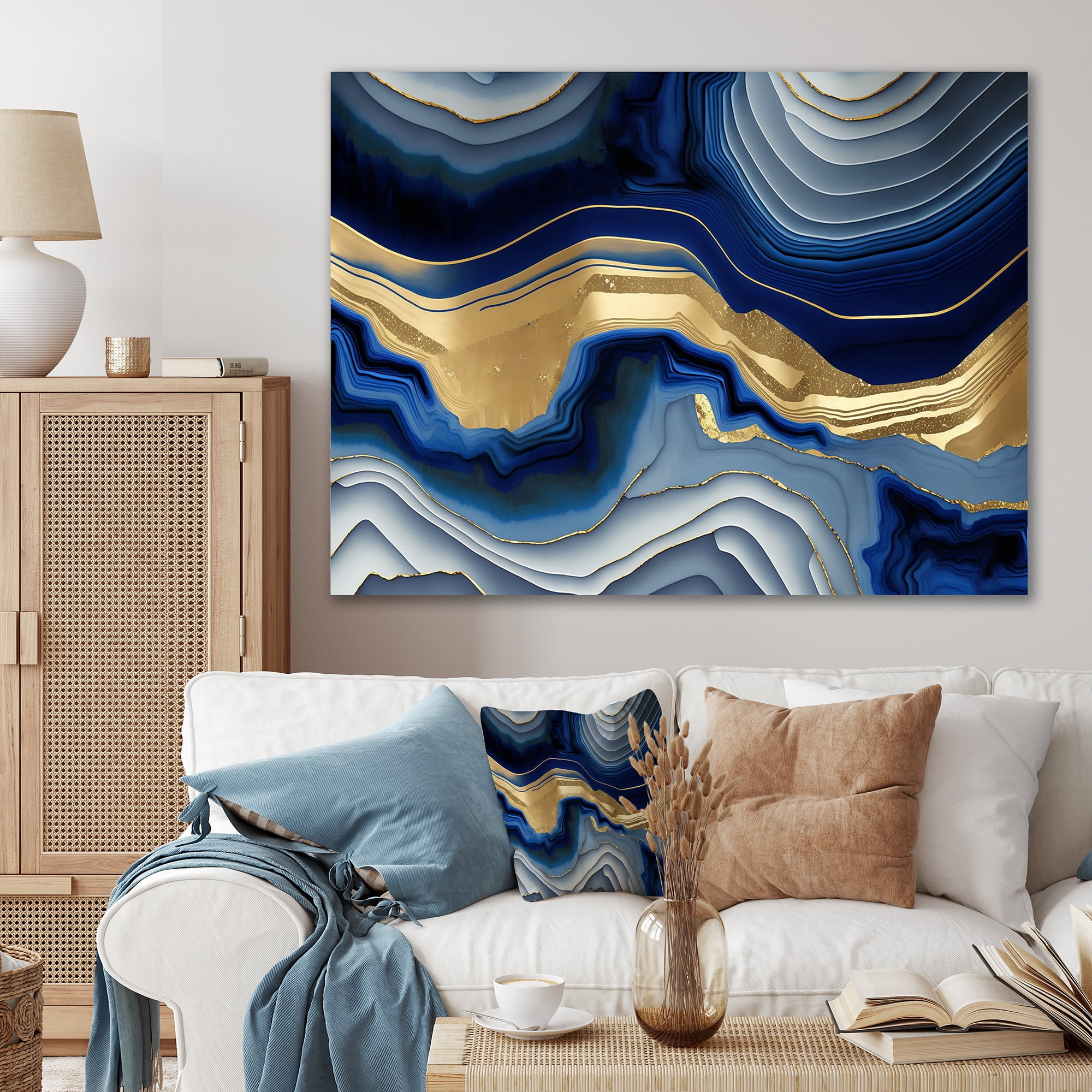 Designart Vibrant Blue And Gold Flow Art I Canvas Wall Art
