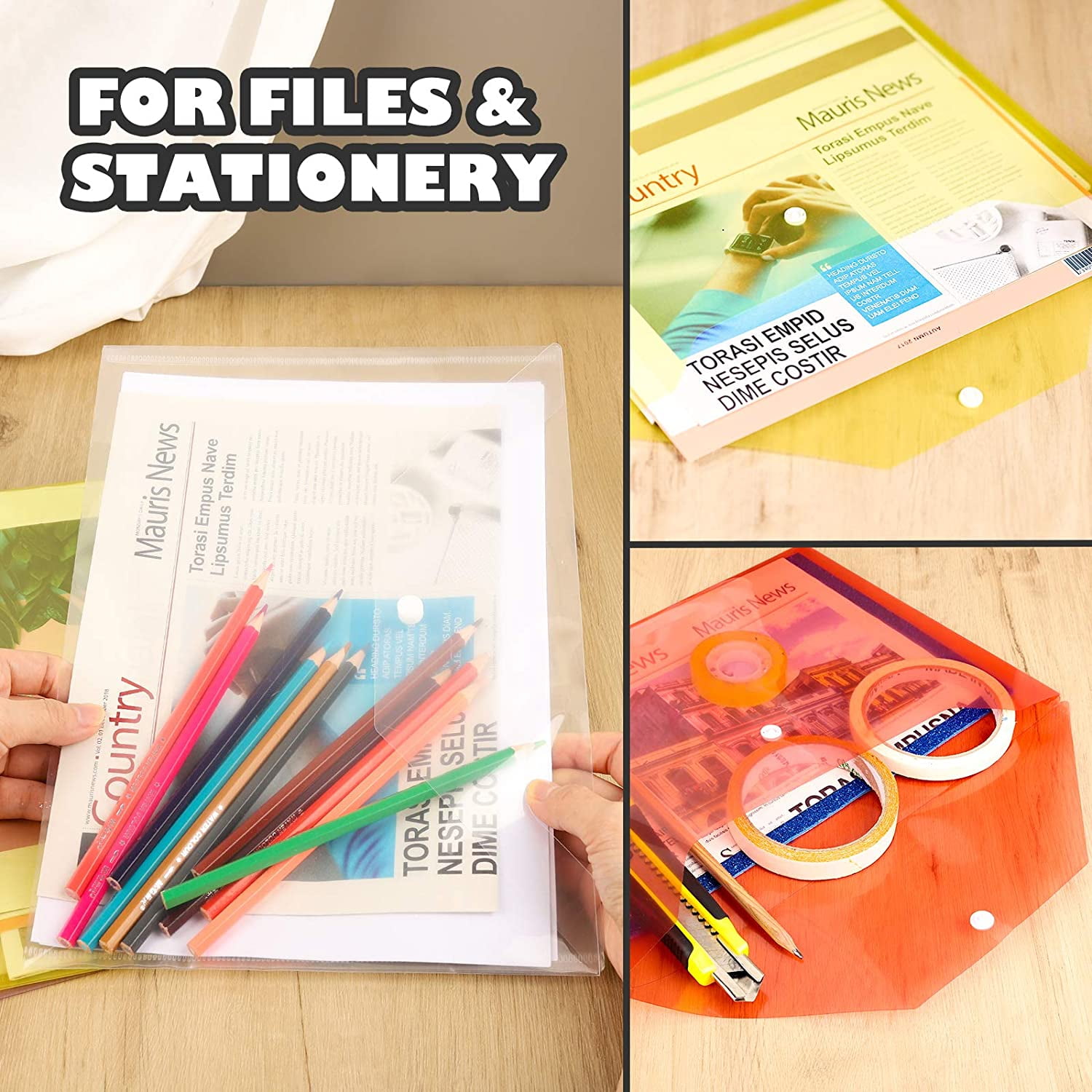 12 Pack Plastic Envelopes Poly Envelopes,A4 Clear File Bags Document Folders Document Organizers with Snap Button for Document Stationery Tools Organization, in 6 Assorted Colors