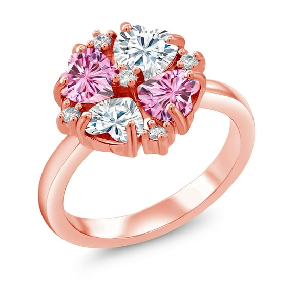Gem Stone King 18K Rose Gold Plated Silver Pink Moissanite and Moissanite Ring for Women (2.08 Cttw, Heart Shape 5MM, Gemstone Birthstone, Size 7)