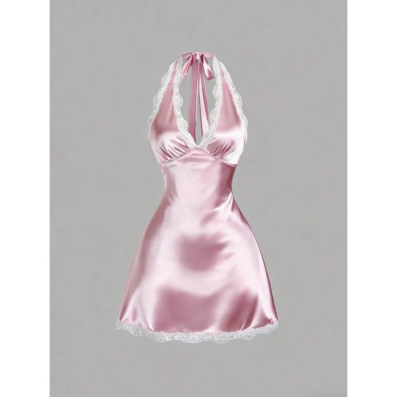 Pink Womens Halter Neck Satin Mini Dress With White Lace Trim A-Line Fit