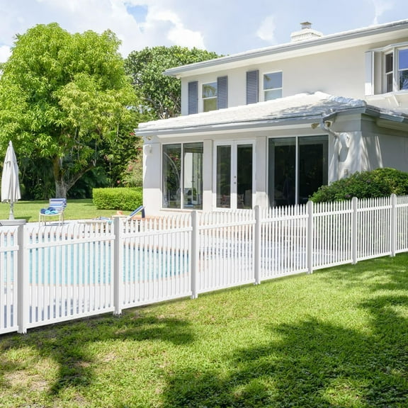 E&K 3 Sets 30"H x 84"L Vinyl White Picket Fence Panels with Ground Spike Decorative Fencing for Pool Garden Patio Backyard Porch (34 Pickets, Straight)
