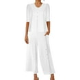 thumbnail image 3 of Scyoekwg Two Piece Outfits for Women Summer Cotton Linen Short Sleeve V-Neck Button Tops Wide Leg Pants Casual Trendy Sweatsuits Sets Loose Solid Color Outfits (White,L), 3 of 8