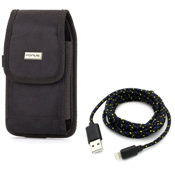 Rugged Case Belt Clip w Charger Cord 6ft USB Cable for iPhone XS Max/8 PLUS/7 Plus/6S Plus/6 Plus - Holster Canvas Cover Pouch Carry and Power Wire Braided Long Sync