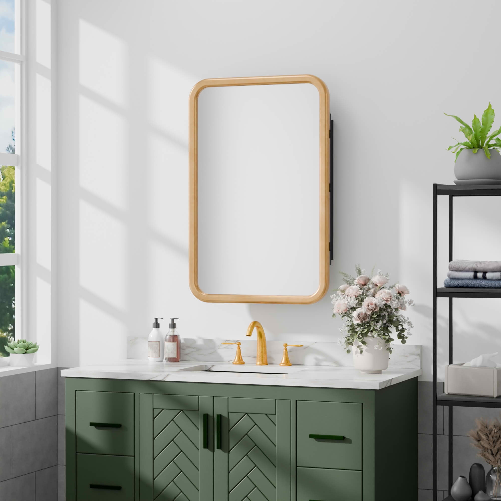 MAYEERTY 30x20x5 Inch Gold Metal Round Corner Rectangular Medicine Cabinet for Bathroom