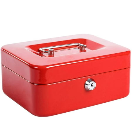 Stainless Steel Small Safe Cash Box with Money Tray and Lock Portable Metal Money Box with Double Layer & 2 Keys for Security Lock Box Red