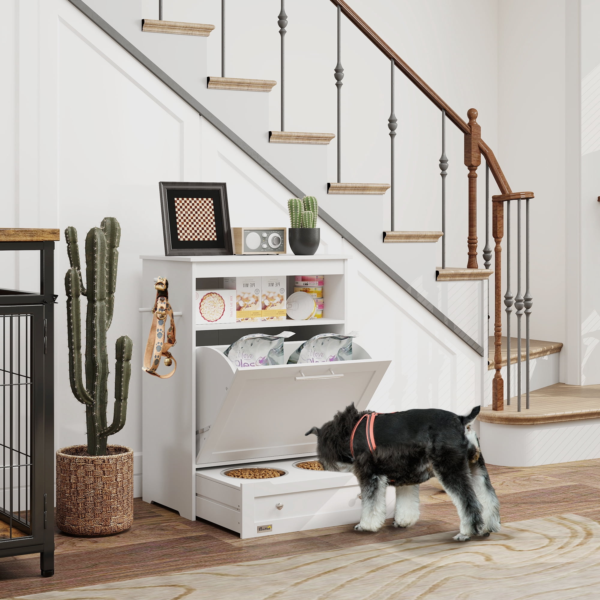 PawHut Pet Feeder Station Storage Cabinet, Dog Food Storage Container with Raised Dog Bowls and Hanger for Feeding & Watering Supplies, White