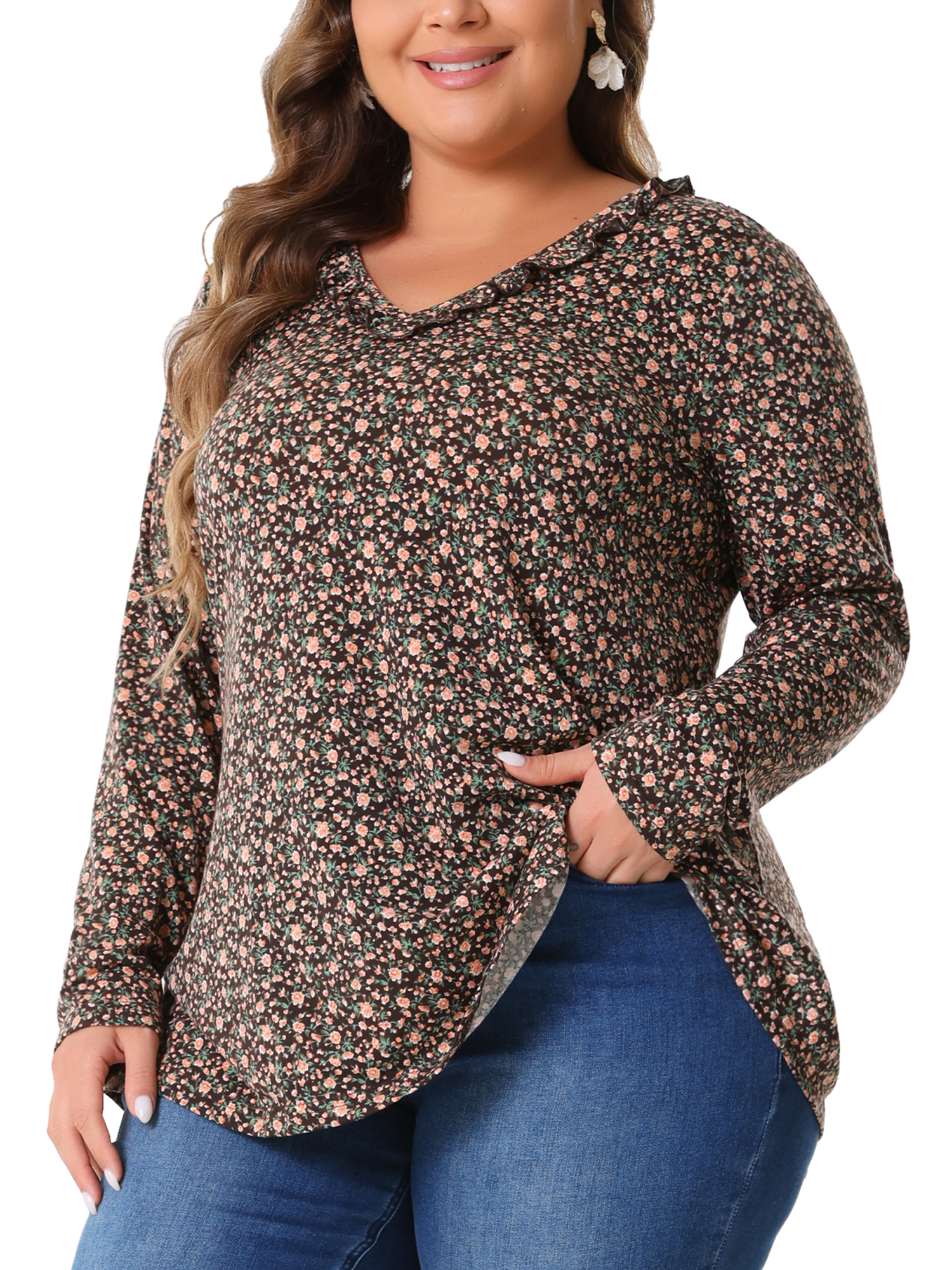 DARING DIVA Women's Plus Size Floral V Neck Long Sleeve Ruffle Tunic Blouses 2X Brown Orange