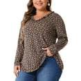 thumbnail image 2 of DARING DIVA Women's Plus Size Floral V Neck Long Sleeve Ruffle Tunic Blouses 1X Brown Orange, 2 of 6