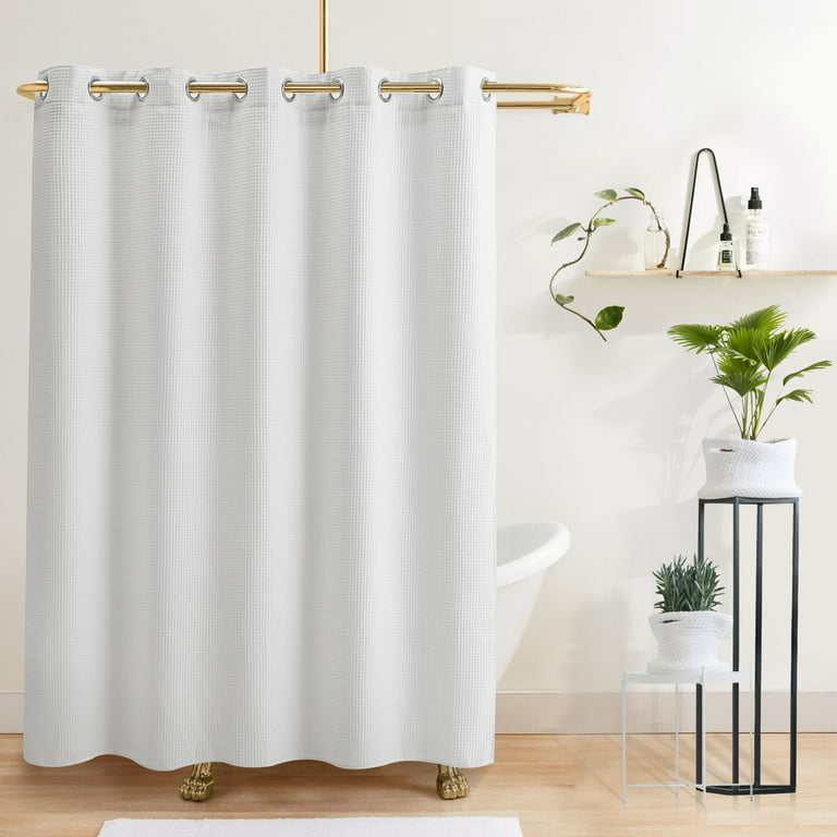 No Hook Waffle Weave Shower Curtain with Snap in Liner Set,Heavy Duty  Fabric Textured Bathroom Curtain with Sheer Window,Waterproof & Machine
