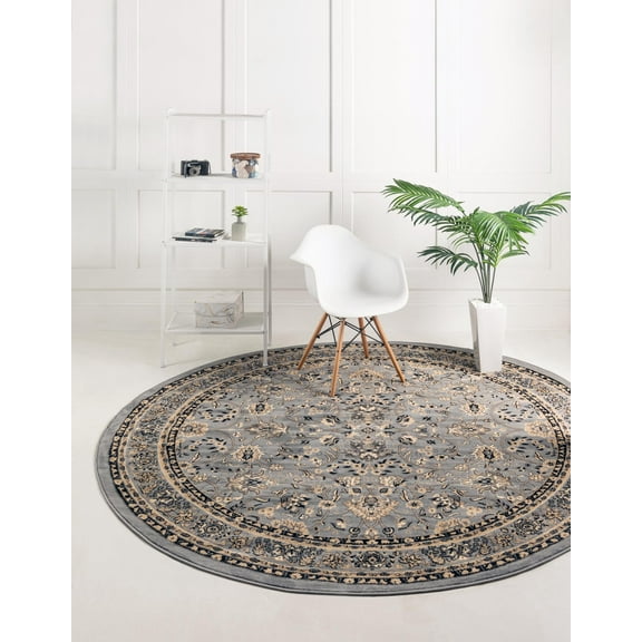 Unique Loom Sialk Hill Collection Area Rug - Washington (3' 3" Round Gray/Black) Floral Traditional Perfect For Living Room Bed Room Dining Room Office