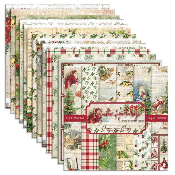6" x 6" Winter Holiday Theme Christmas Cardstock, 24 Sheets Scrapbooking Supplies, Single -Sided Journal Backgrounds for Miniature Room Making, Gifts, DIY Making Cards, Festival Decoration