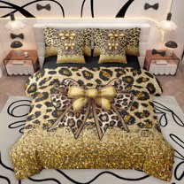 Manfei Cheetah Pattern 7-Piece Twin Bedding Sets,Leopard Print Bowtie Bedding Comforter Set,Gold Brown Black Sheet Sets For Girls Kids,Luxury Bedroom Decor Reversible