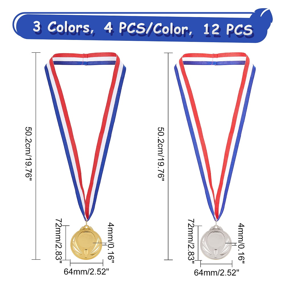 12Pcs 3 Colors Zinc Alloy Blank Award Medals with Polyester Cord Flat Round with Trophy Pattern Mixed Color 19.76 inch(50.2cm) 4pcs/color DIY