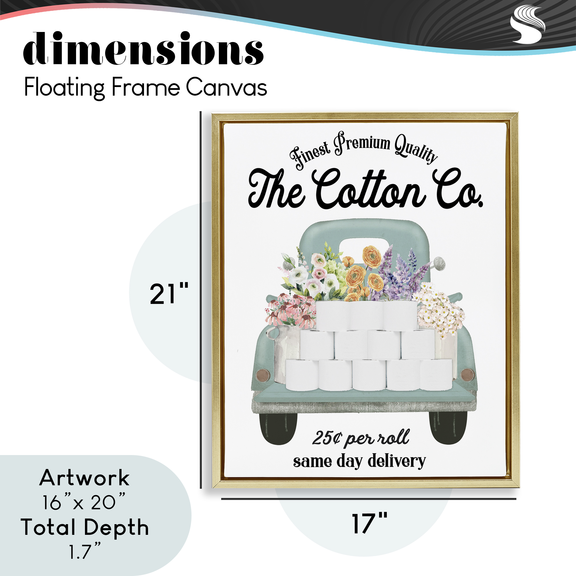 Toilet Paper Delivery Truck Gold Framed Floater Canvas Wall Art, design by Lettered and Lined