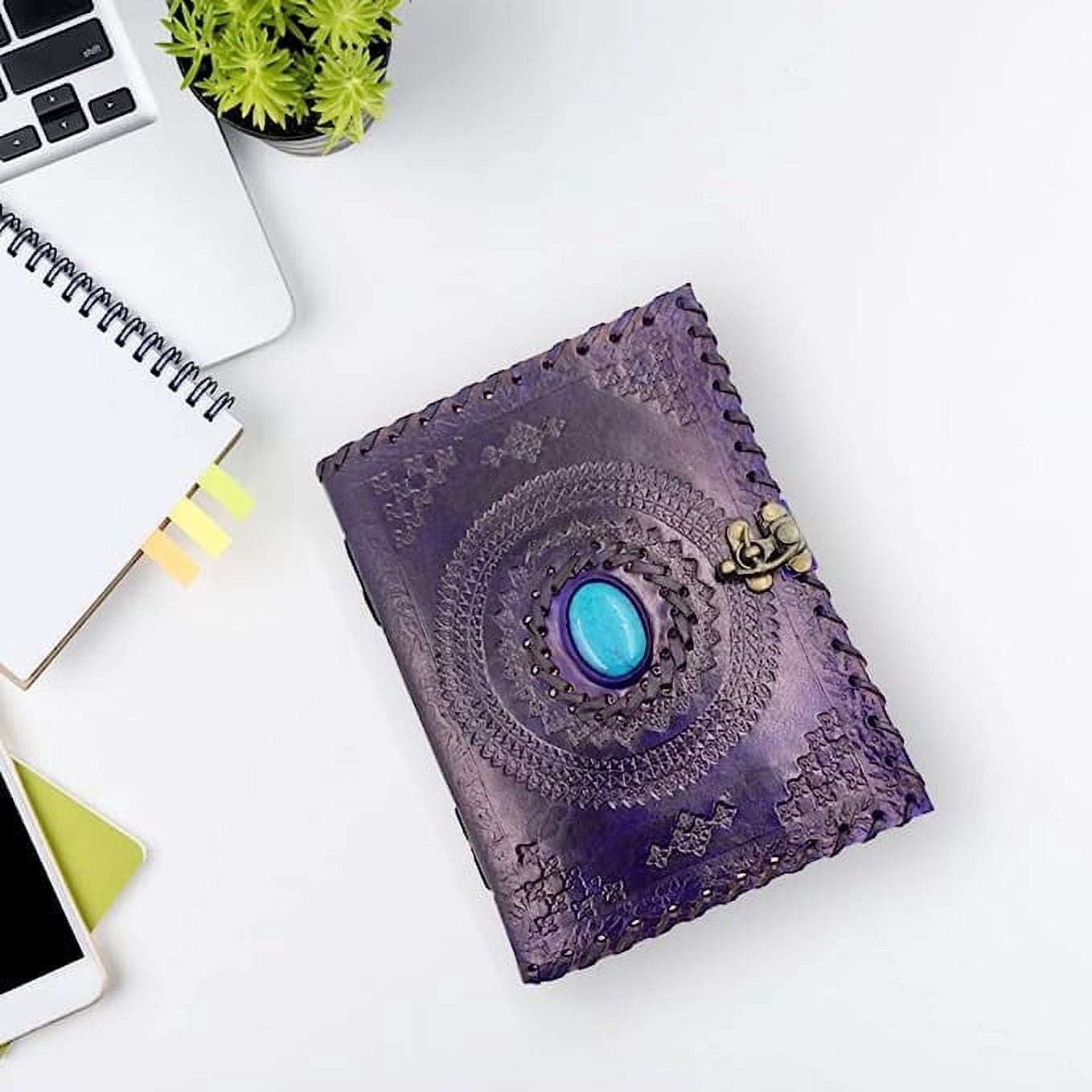 OVERDOSE Purple Mundra Stone Leather Journal With Brass C-Lock - Handmade Unlined Paper Leather Bound Journal | Sketchbook & Notebook - Drawing Journal - 5 x 7 inches | 12 x 17 cm | A6