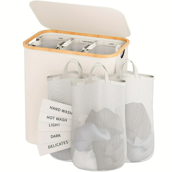 Extra Large 160L Laundry Hamper with Lid - 3-Section Clothes Sorter, Removable Bags & Bamboo Handles for Home & Nursery, Durable Natural Style