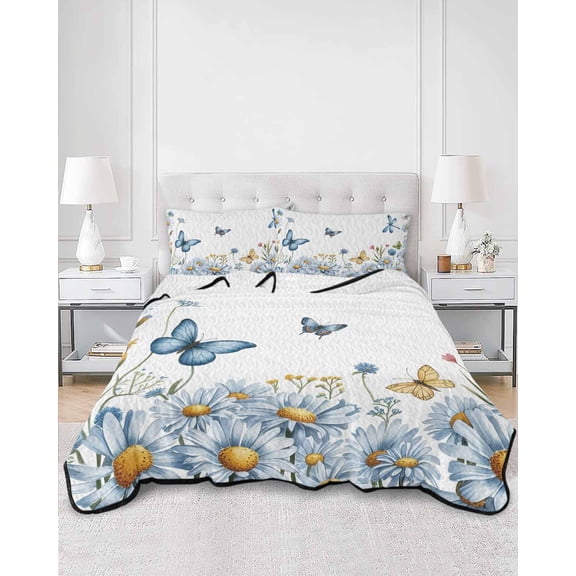 Quilts Twin XL Size, White Daisy Blossom Soft Comforter Bedding Set for Bed, Spring Graden Floral Butterflies Lightweight Quilted Bedspread with Pillow Cover(2 Pieces) for All Season, 68x98 Inch