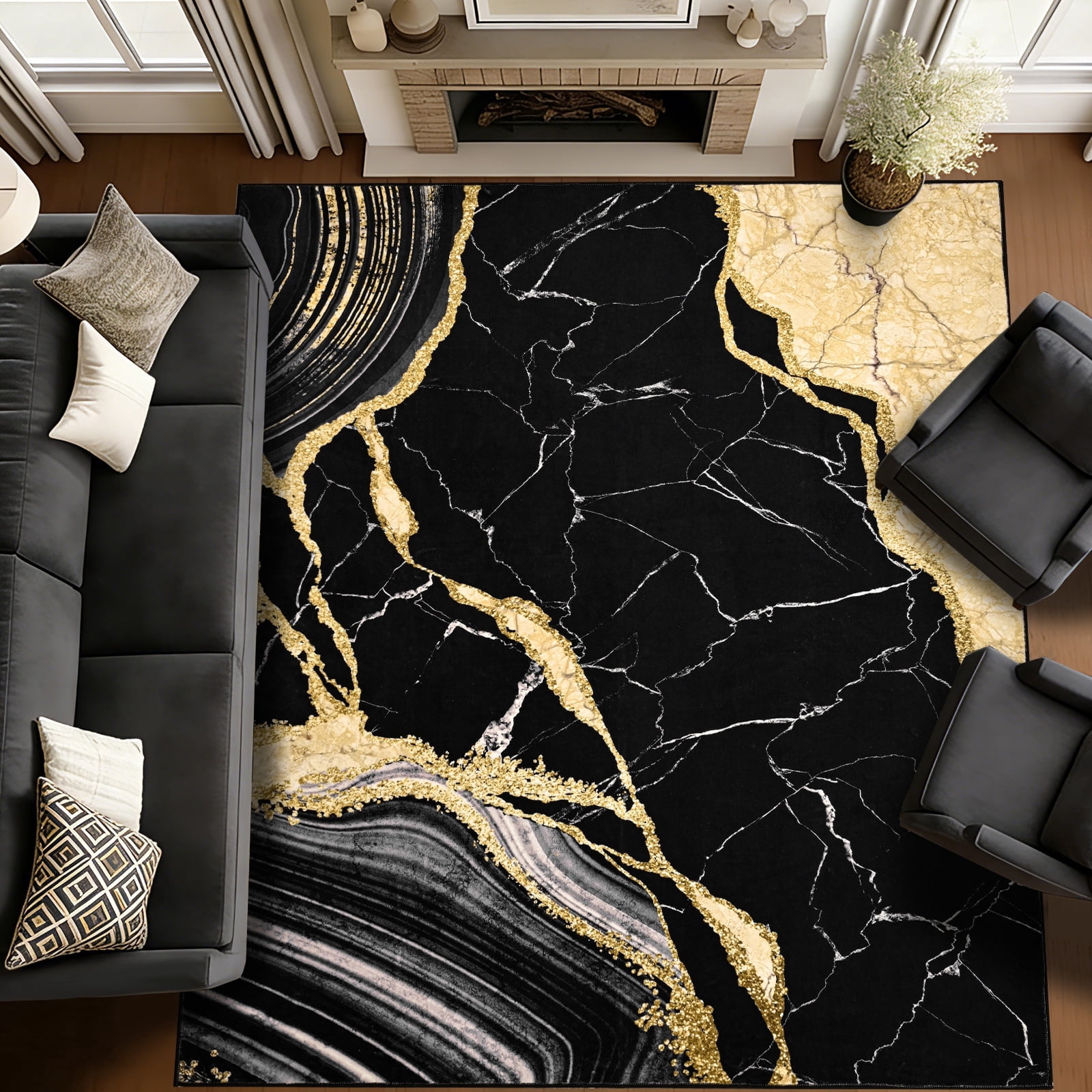 Bleum Cade 8'x10' Area Rugs for Living Room, Washable Rugs Modern Rugs for Bedroom Dinning Room,Marble Abstract Rug Ultra Soft Non Slip Durable Large Carpet Home Decor, Black Gold