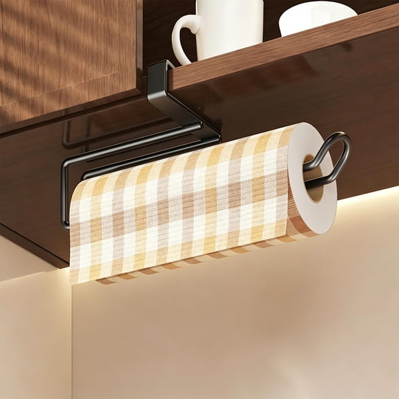 Fmxomd Paper Towel Hanger Holder Stainless Steel Kitchen Roll Paper Towel Holder Tissue Hanger Organizer Rack for Kitchen Under Cabinet Over Door (Black)