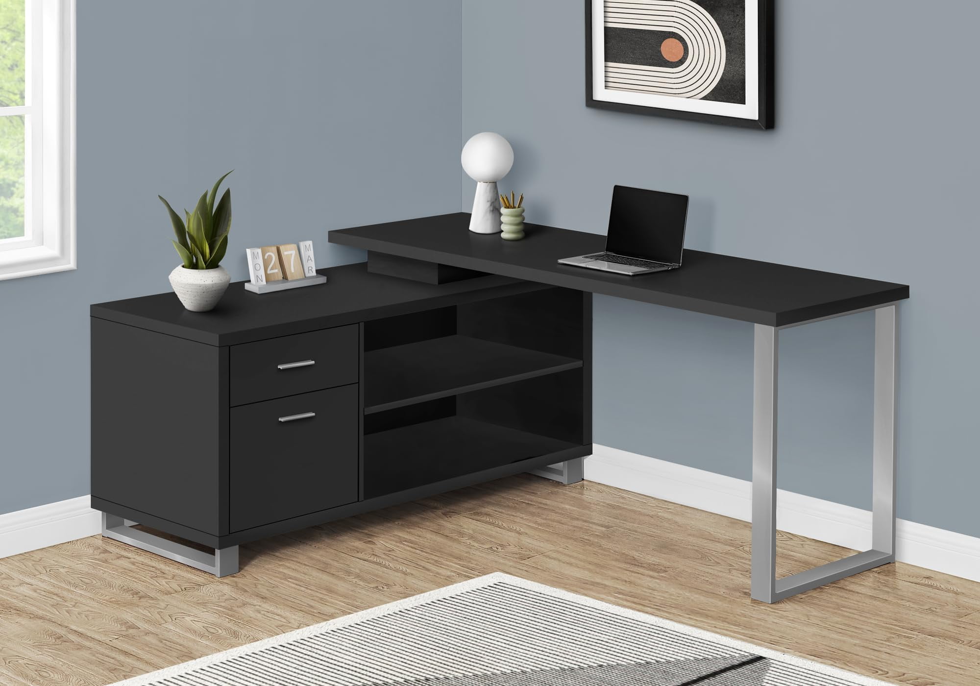 Pemberly Row Corner Computer Desk 72"L L-Shape in Black Laminate