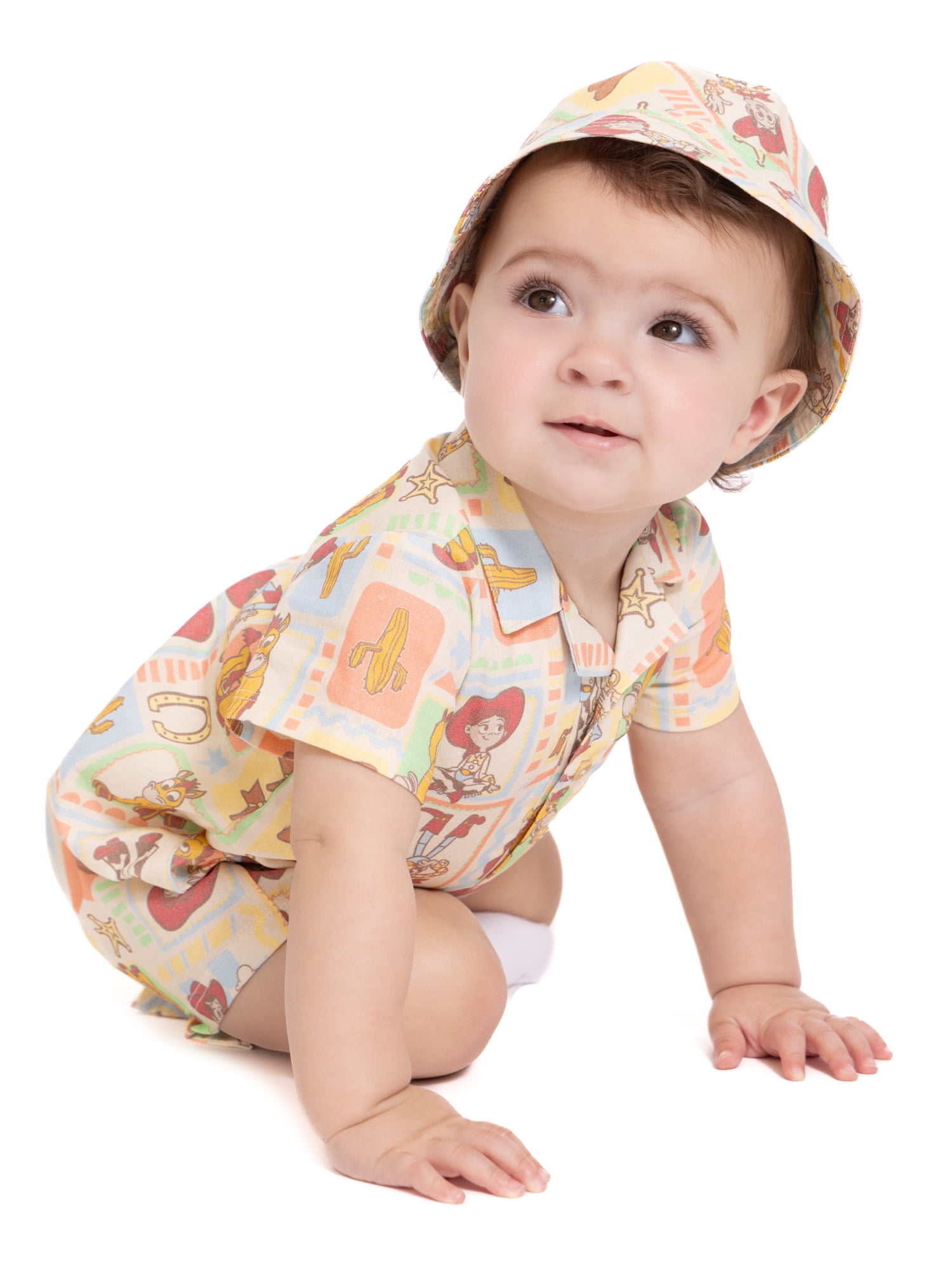 Toy Story Baby Boys' Print Cotton Romper and Bucket Hat Set, 2-Piece, Sizes 0/3M-24M