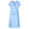 thumbnail image 7 of Women's Solid Color Wrap V Neck Midi Dress Short Sleeve Tie Waist Casual Vacation Dress with Pockets Blue XL(XL), 7 of 7