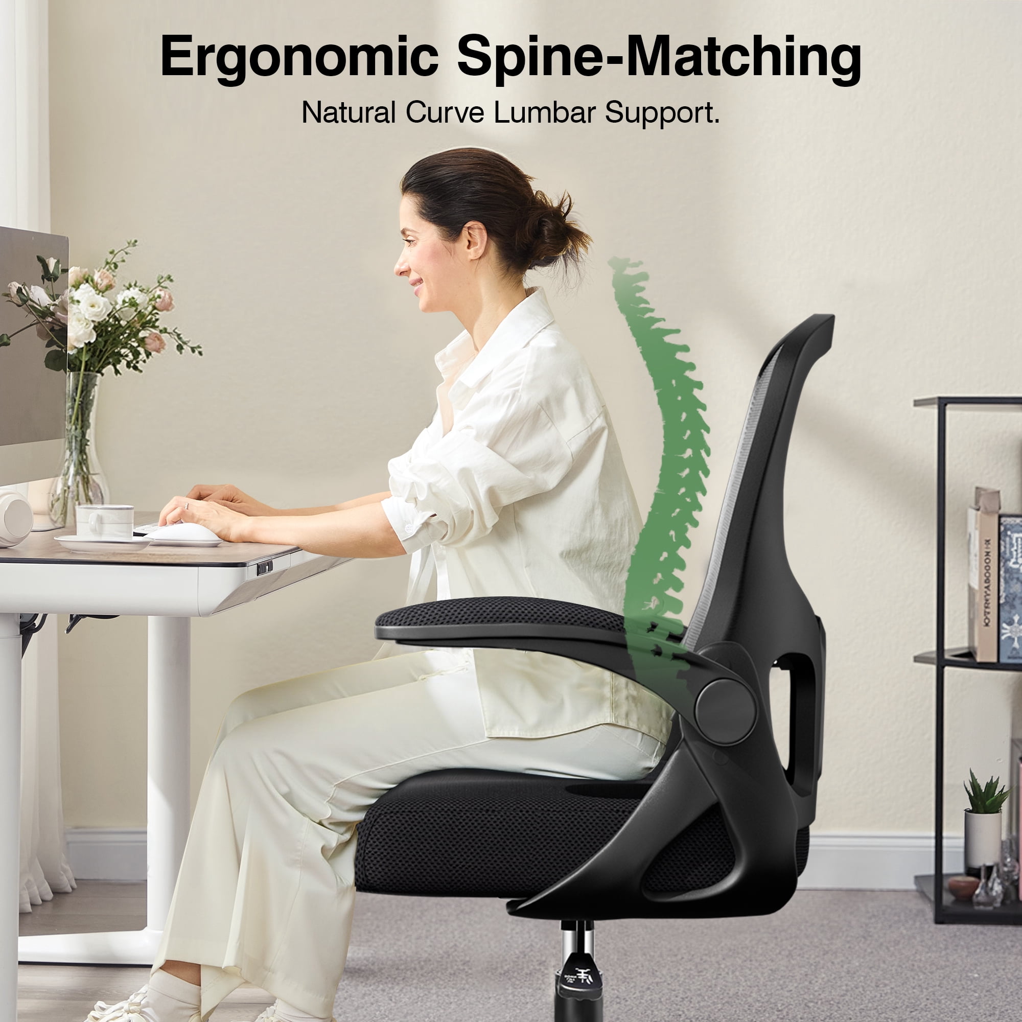 ATHOPE Office Chair Ergonomic Desk Chairs, Mesh Computer Chair with Flip-up Armrests, Adjustable Home Office Desk Chair with Lumbar Support Footrest Ring for Standing Desk, Black