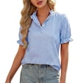 thumbnail image 3 of Women's Plaid Puff Sleeve Summer Top | V Neck Button Up Shirt Blouse for Work Casual, 3 of 8
