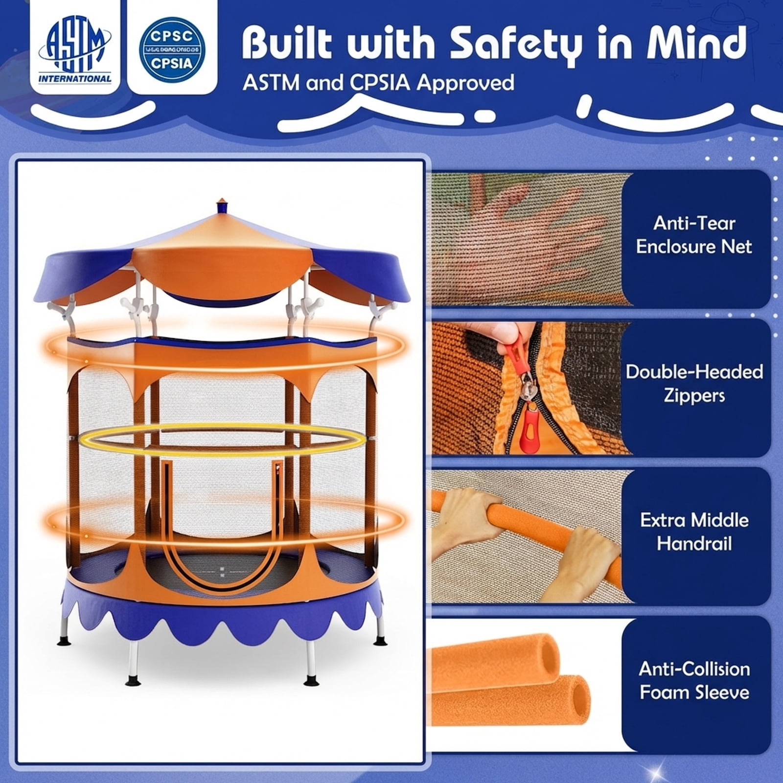 Redsmile 64 Inch Kids Trampoline with Detachable Canopy and Safety Enclosure Net-Orange - Premium PE Safety Enclosure for Kids Outdoor Play