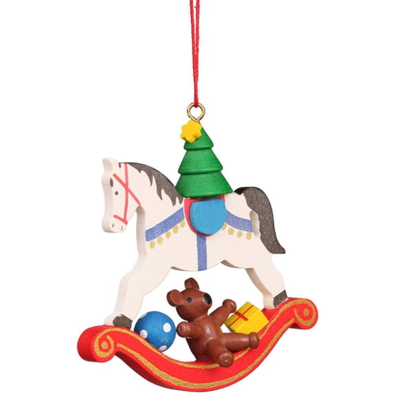 Alexander Taron 3" Off-White, Red, and Brown Rocking Horse with Toys Collectible Christian Ulbricht